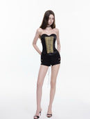 Zeldran Satin Top and Gold-Button Shorts Set