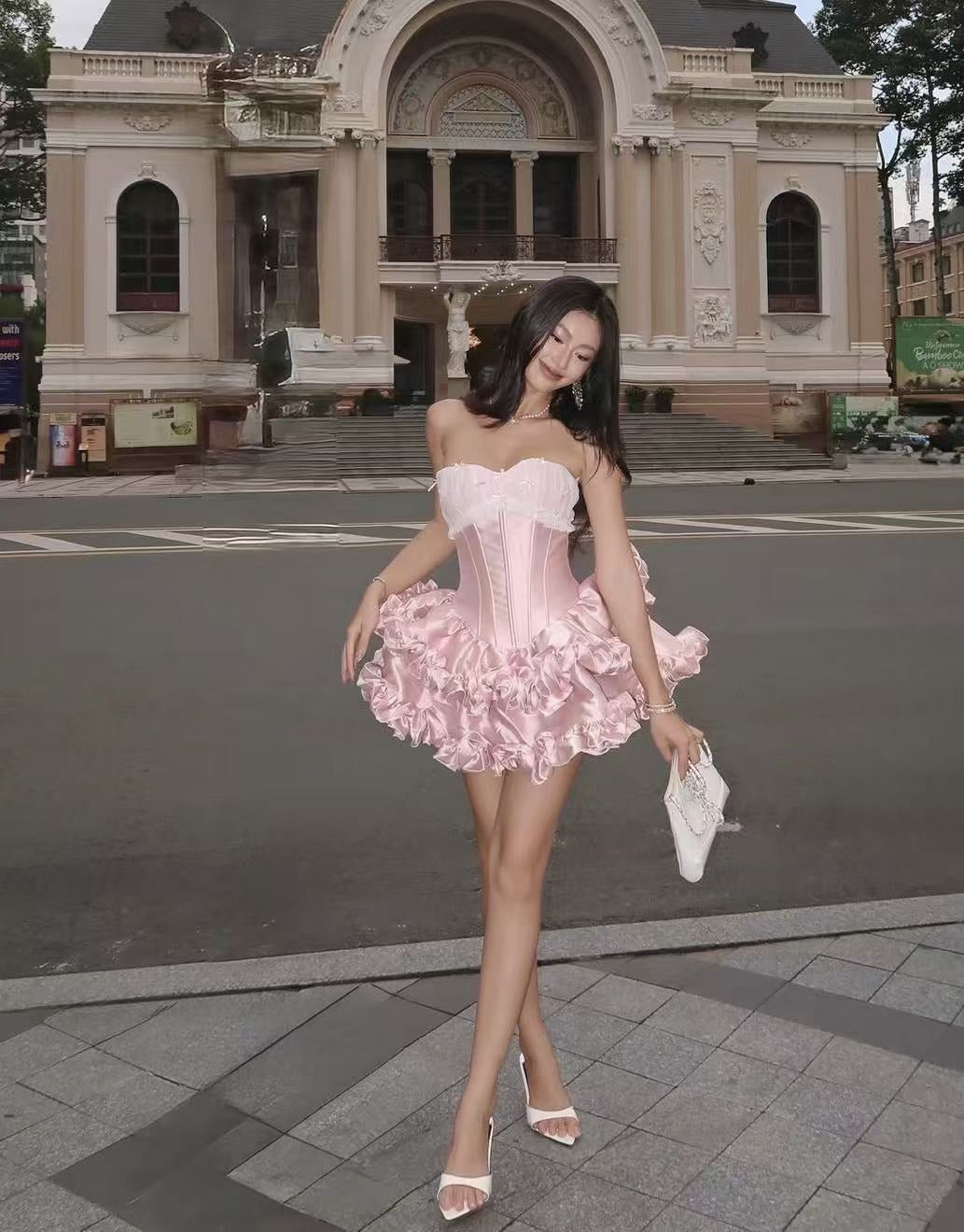Nyriel Strapless Ruffle Corset Mini Dress In Pink