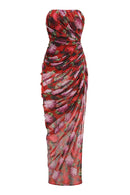 Kessari Strapless Red Floral Ruched Side Split Maxi Dress