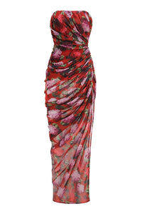 Kessari Strapless Red Floral Ruched Side Split Maxi Dress