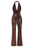 Lizbeth Halter Draped Sequin Jumpsuit In Brown