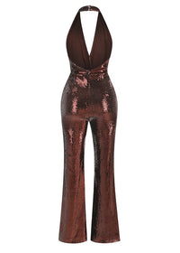Lizbeth Halter Draped Sequin Jumpsuit In Brown