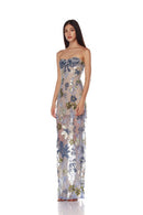 Yvoryth Strapless Sequin Embroidered Floral Maxi Dress In Blue
