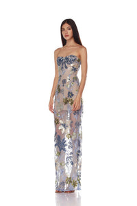 Yvoryth Strapless Sequin Embroidered Floral Maxi Dress In Blue