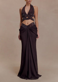 Praxel Halterneck Rhinestone Cutout Skirt Set