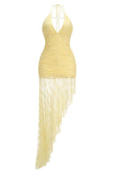 Iovrek Yellow Halter Neck Lace Maxi Dress