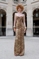 Aimilios Animal Print Strapless Bustier Maxi Dress