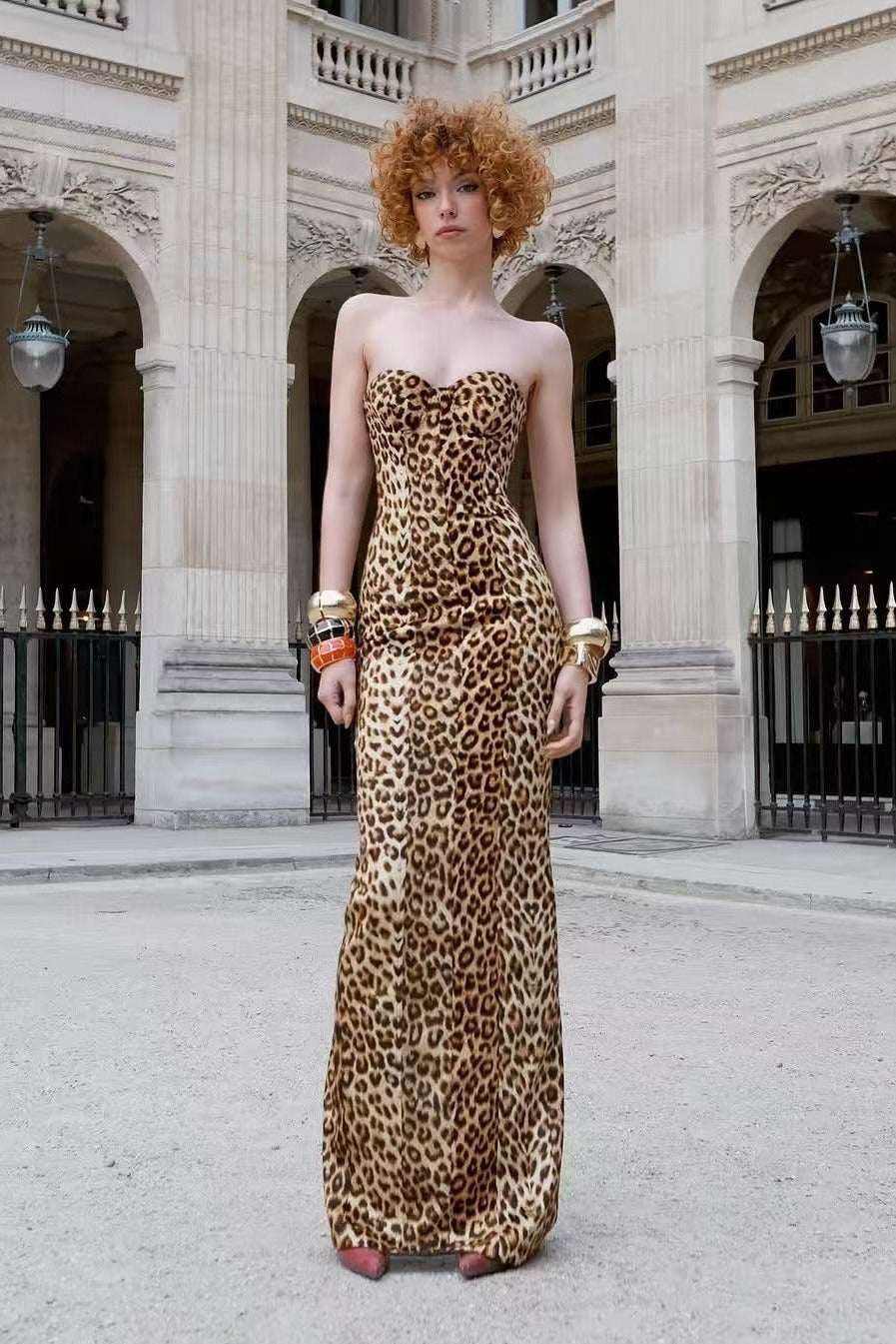 Aimilios Animal Print Strapless Bustier Maxi Dress