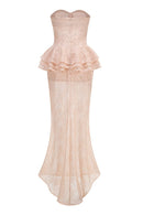 Luvren Pink Strapless Lace Peplum Maxi Dress