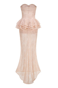 Luvren Pink Strapless Lace Peplum Maxi Dress