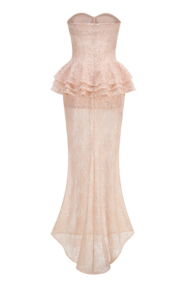 Luvren Pink Strapless Lace Peplum Maxi Dress