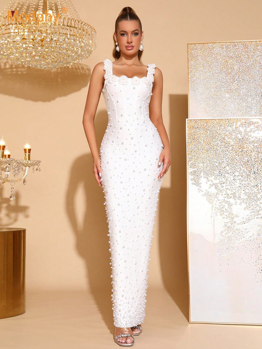 Baina Floral Detail Pearl Maxi Dress In White
