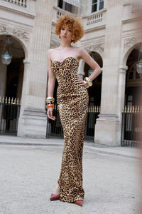 Aimilios Animal Print Strapless Bustier Maxi Dress