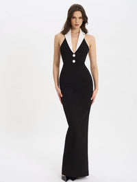 Reyra Halter Lapel Collar Maxi Dress In Black
