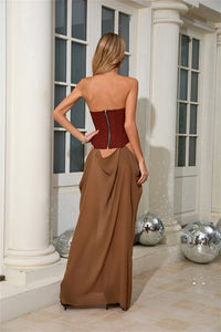 Althorin Strapless Corset Draped Maxi Dress In Brown