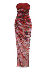 Kessari Strapless Red Floral Ruched Side Split Maxi Dress