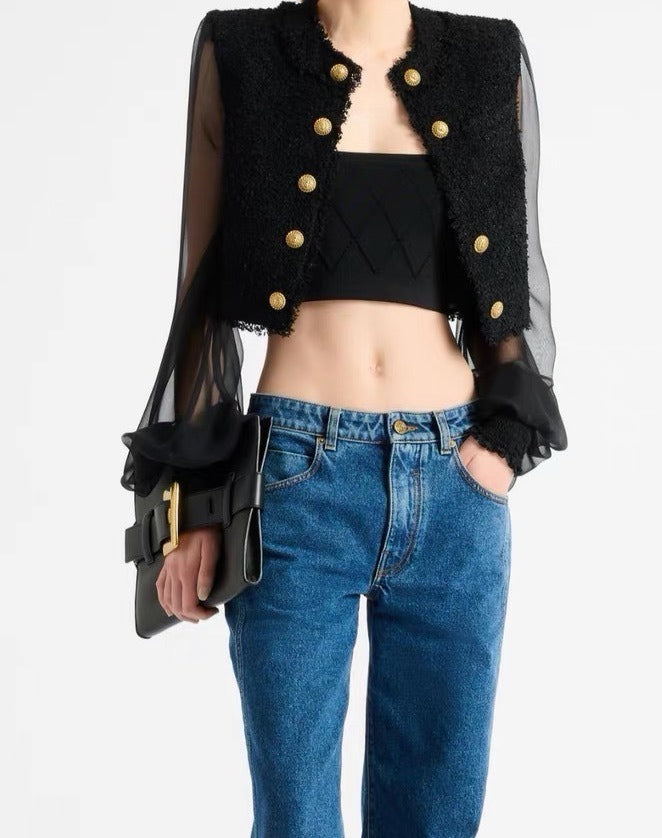 Bravexia Cropped Tweed and Mesh-Panel Jacket