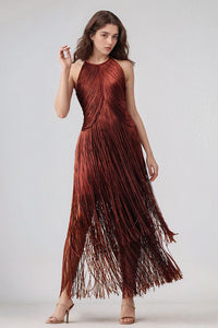 Natesa Halter Tassel Maxi Dress In Brown
