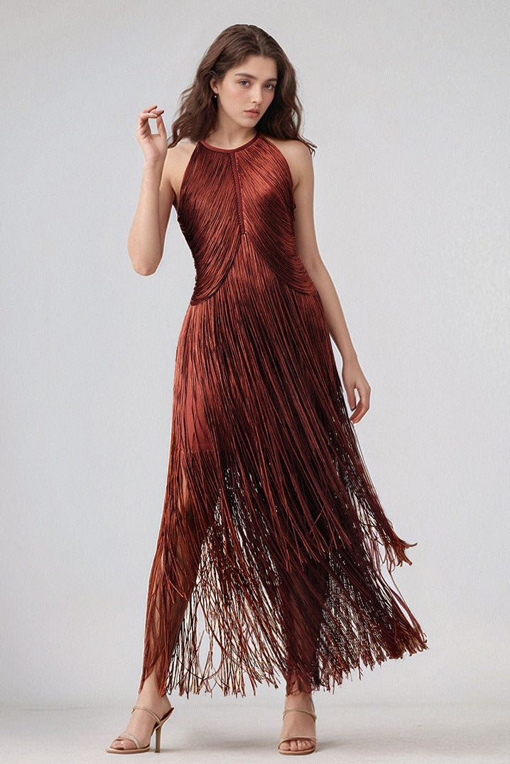 Natesa Halter Tassel Maxi Dress In Brown