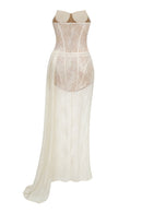 Marnex Strapless Draped Lace Bustier Maxi Dress