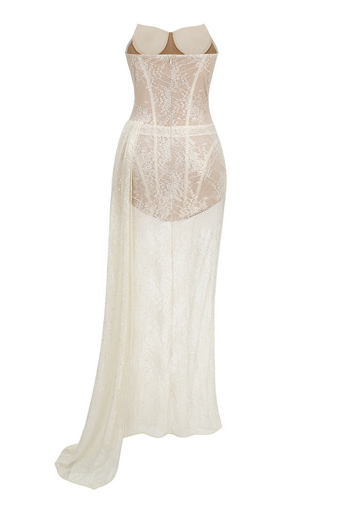 Marnex Strapless Draped Lace Bustier Maxi Dress