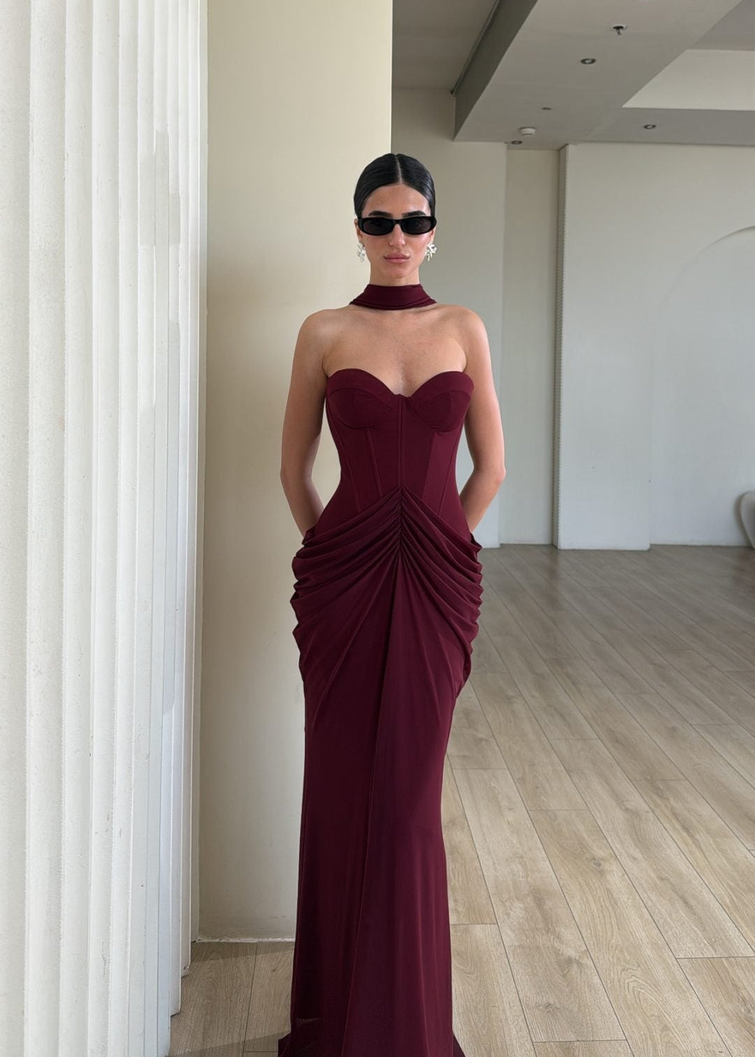 Cormyra Halter-Neck Strapless Ruched Maxi Dress