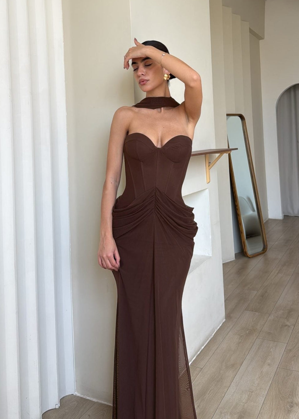 Cormyra Halter-Neck Strapless Ruched Maxi Dress In Brown