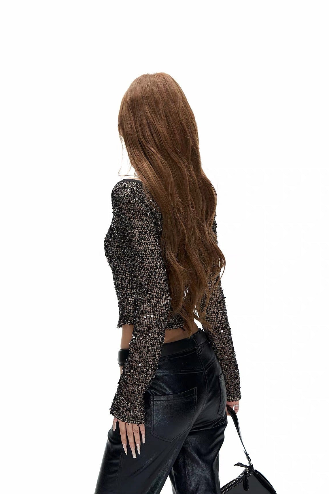 Woldik Sequin-Embellished Cropped Jacket and Cut-Out Leather Pants Set
