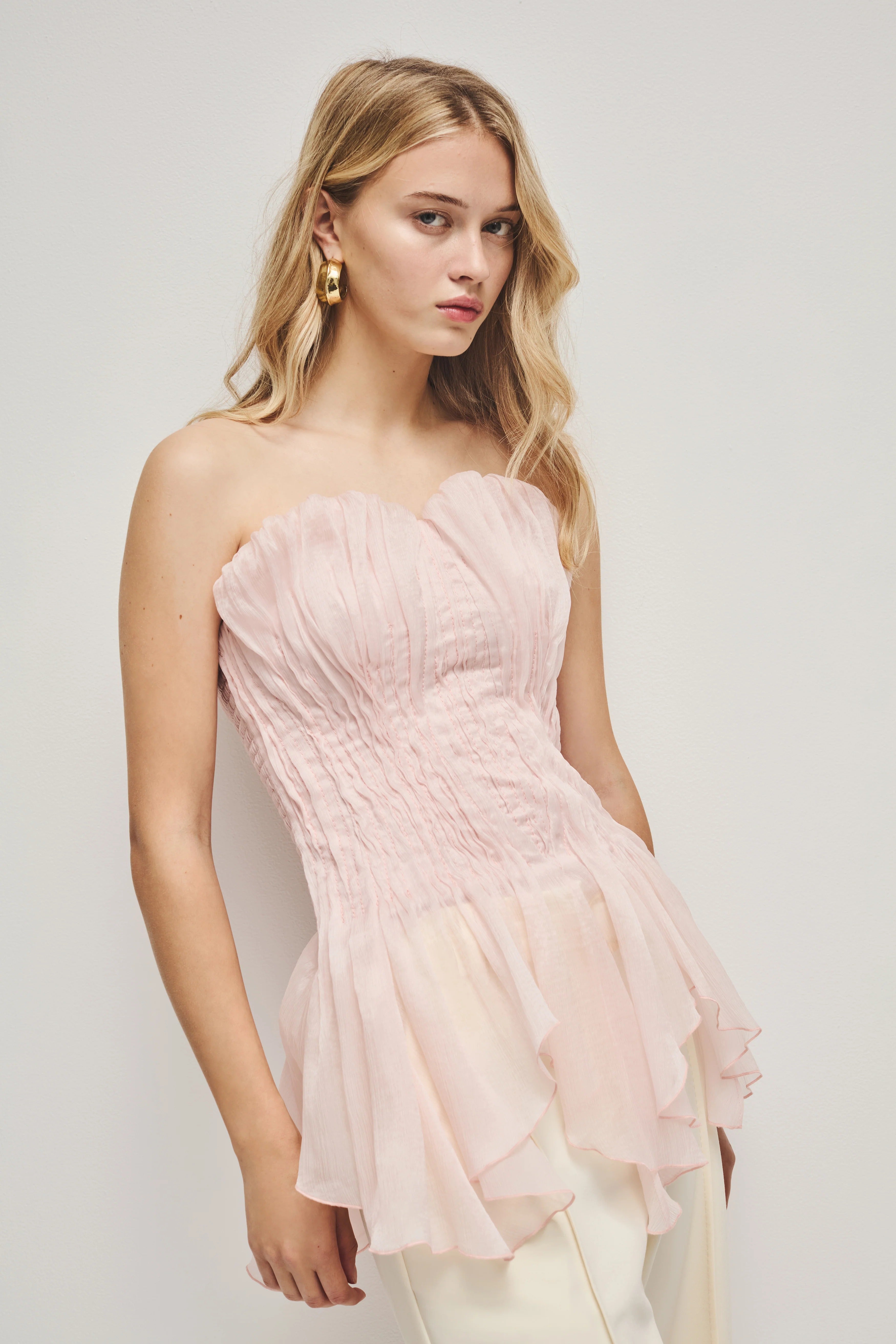 Triven Mesh Ruffled Pleated Top
