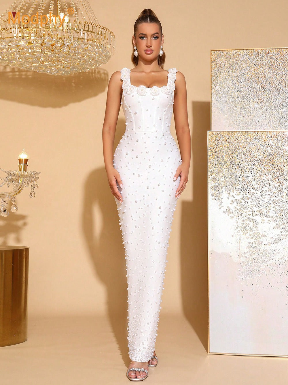 Baina Floral Detail Pearl Maxi Dress In White