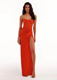 Tafari Strapless Ruched Maxi Dress In Red