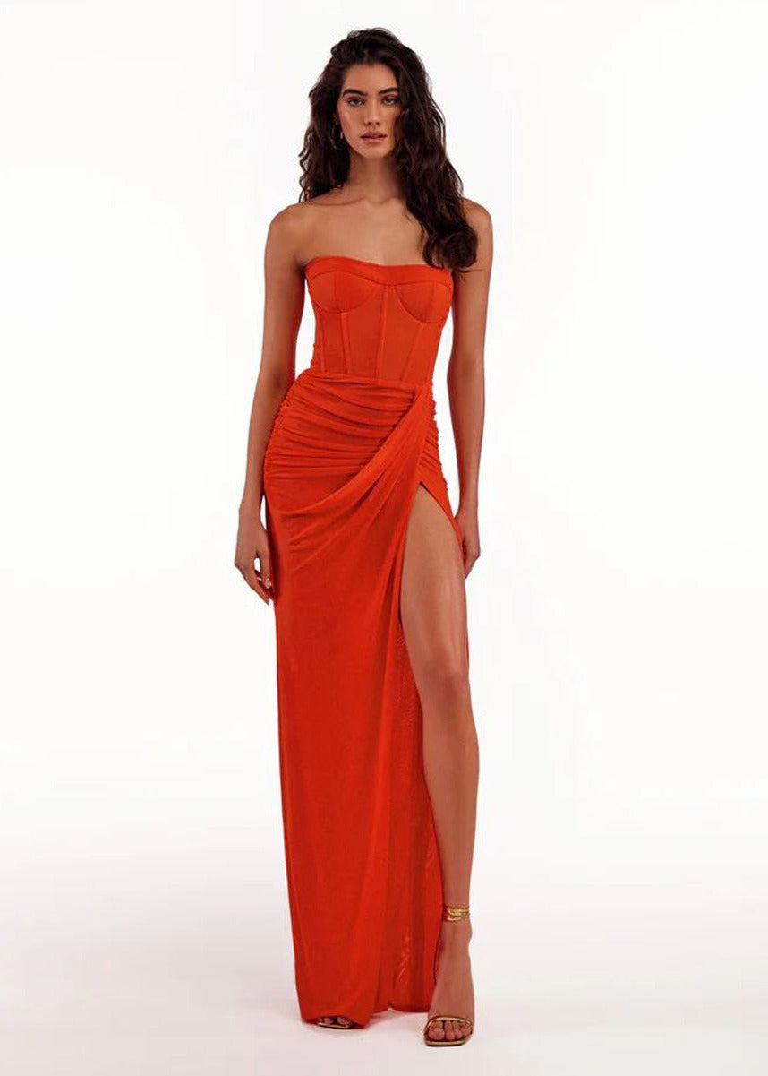 Tafari Strapless Ruched Maxi Dress In Red