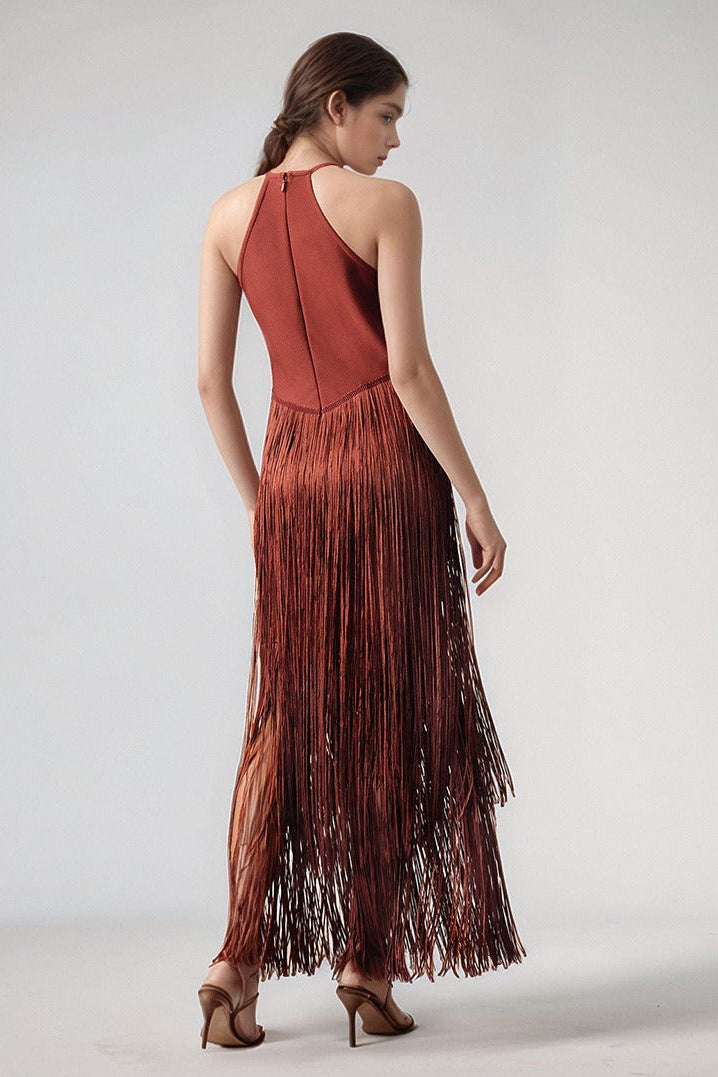 Natesa Halter Tassel Maxi Dress In Brown