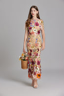 Chesley Floral Embroidery Mesh Fishtail Midi Dress In Brown