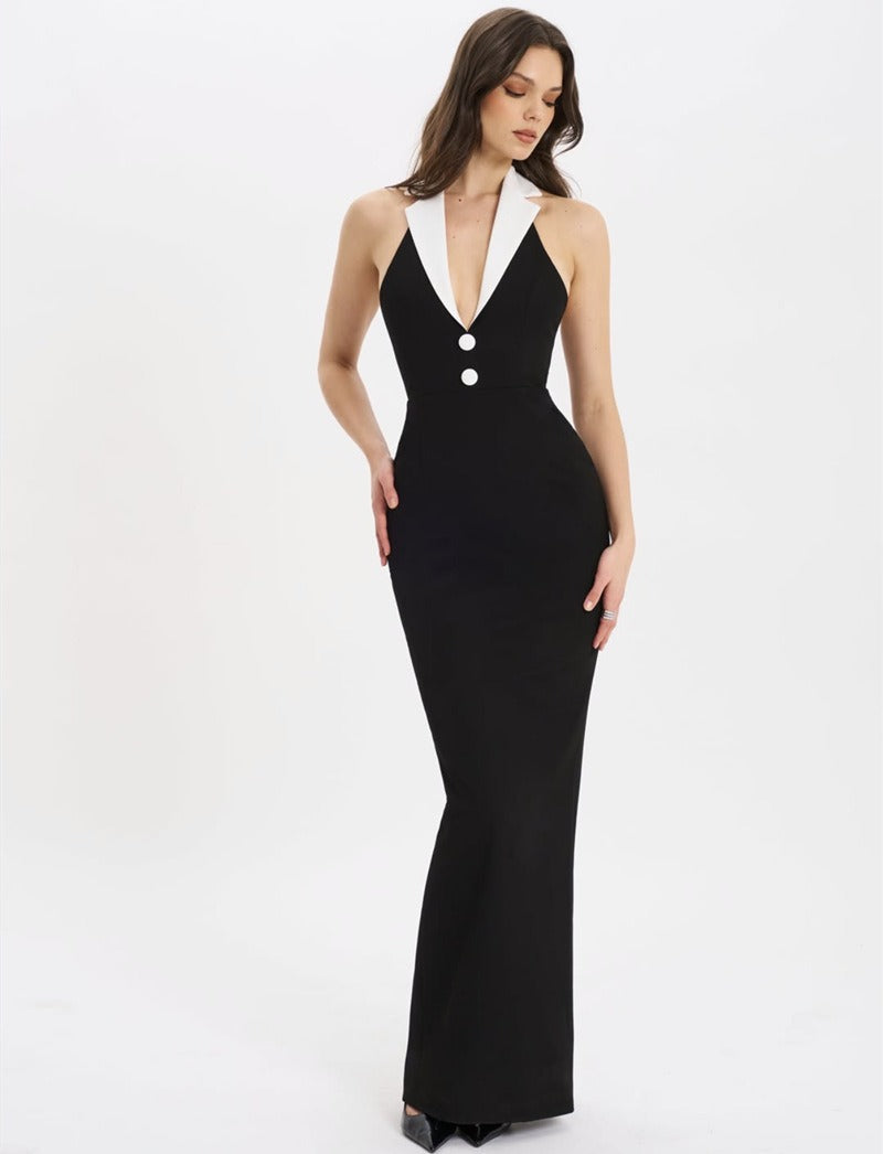 Reyra Halter Lapel Collar Maxi Dress In Black