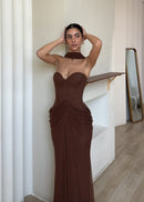 Cormyra Halter-Neck Strapless Ruched Maxi Dress In Brown