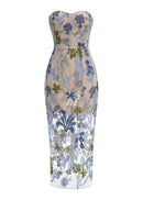 Yvoryth Strapless Sequin Embroidered Floral Maxi Dress In Blue