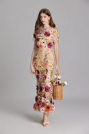 Chesley Floral Embroidery Mesh Fishtail Midi Dress In Brown