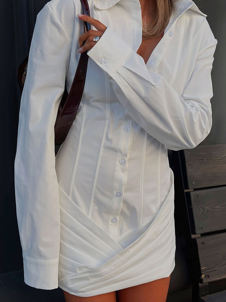 Indre White Cinched-Waist Pleated Mini Shirt Dress