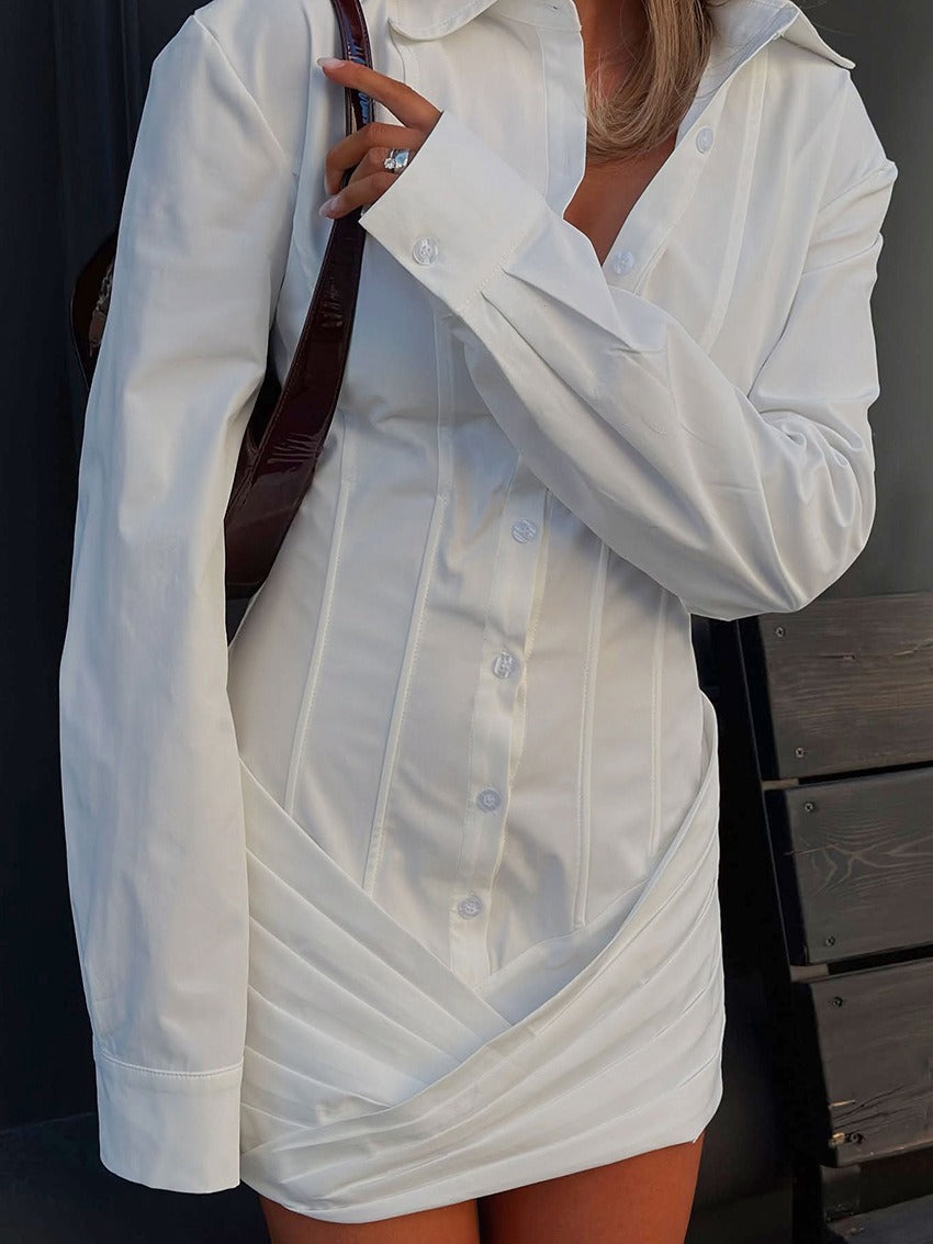 Indre White Cinched-Waist Pleated Mini Shirt Dress