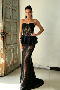 Luvren Black Strapless Lace Peplum Maxi Dress