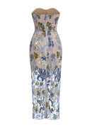 Yvoryth Strapless Sequin Embroidered Floral Maxi Dress In Blue