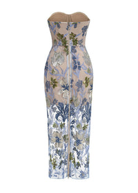 Yvoryth Strapless Sequin Embroidered Floral Maxi Dress In Blue