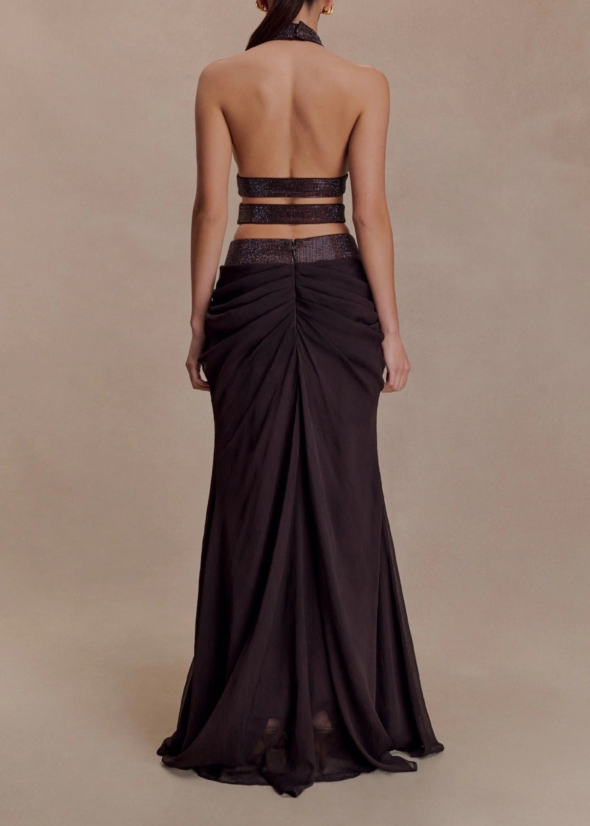 Praxel Halterneck Rhinestone Cutout Skirt Set
