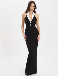 Reyra Halter Lapel Collar Maxi Dress In Black