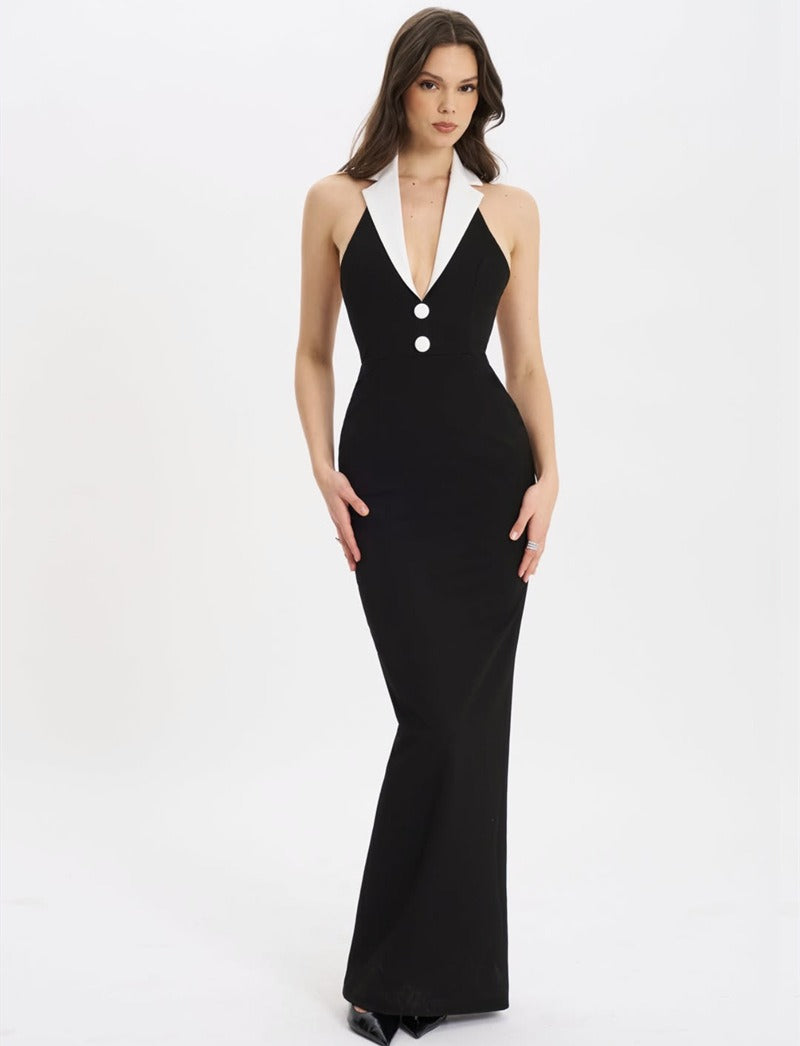 Reyra Halter Lapel Collar Maxi Dress In Black