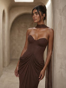 Cormyra Halter-Neck Strapless Ruched Maxi Dress In Brown