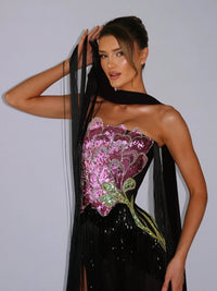 Caveris Strapless Embroidered Tassel Maxi Dress