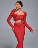 Dellis Flower Bandage Skirt Set In Red