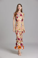 Chesley Floral Embroidery Mesh Fishtail Midi Dress In Brown